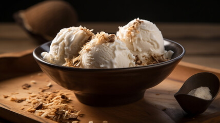 Scoop of creamy coconut ice cream. Generative AI image