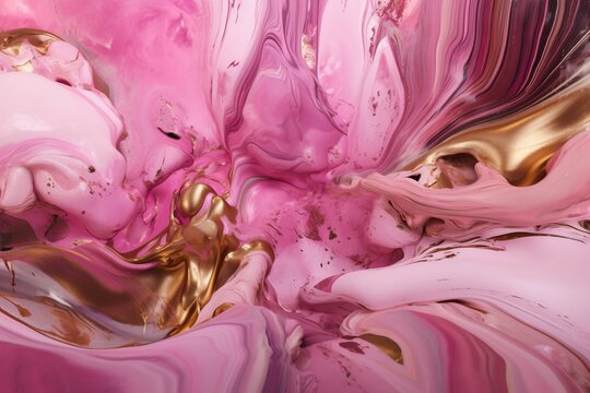 Abstract art with pink, magenta swirls & gold powder. Marble & agate inspired design. Luxurious natural wallpaper. Generative AI