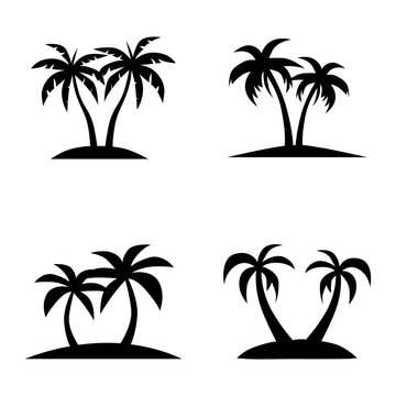 palm tree logo on the island, design of two palm trees on the beach at dusk, flat art style design isolated white background