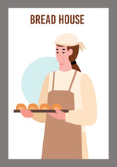 Woman holds tray with freshly baked bread, poster template flat vector illustration.
