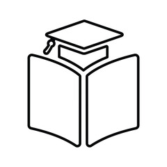 Graduation Cap and Book Icon. Line, outline symbol.