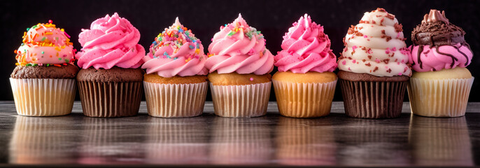 A row of cupcakes with pink frosting and sprinkles. Generative AI.