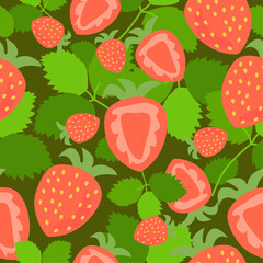 Strawberries with green leaves hand drawn seamless pattern background. Organic summer fruit piece.Vector illustration