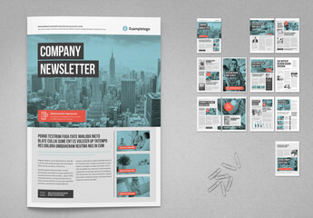 Newsletter Layout in Light Pale Colors with Cyan and Red Elements
