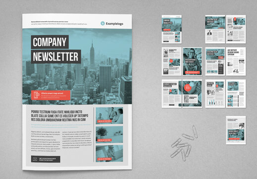 Newsletter Layout in Light Pale Colors with Cyan and Red Elements