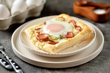 Puff pastry with sausages, cheese, green onions and egg. Hearty breakfast