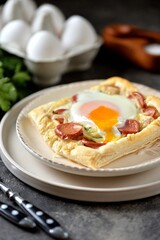 Puff pastry with sausages, cheese, green onions and egg. Hearty breakfast
