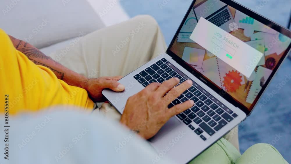 Poster job search, hands typing and laptop on a living room sofa doing web search for we are hiring post. w