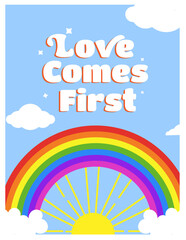 Illustration for Pride Day. LQBTQ illustration. Pride day, pride month. Rainbow in the sky with sun and text. Flyer for Pride Month and Day.