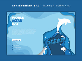 Banner template with White silhouette of dolphin and blue water with paper cut effect design