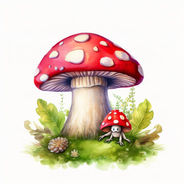 A painting of a mushroom sitting on the ground. Generative AI.