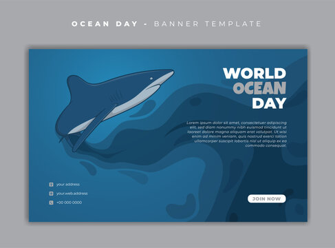 Banner template design with shark in cartoon design and blue abstract background for ocean day
