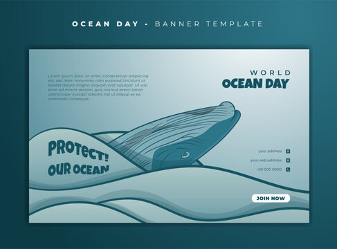 Banner template with whale in cartoon design and water with paper cut effect for ocean day design