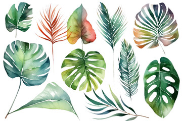 Set of Tropical leaves isolated on white background. AI. Generative AI