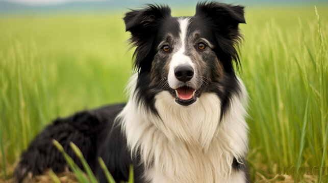 border collie dog spring portrait in green fields