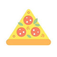 Logo of a triangular slice of pizza with cheese and slices of sausage with champignons, mushrooms and herbs.