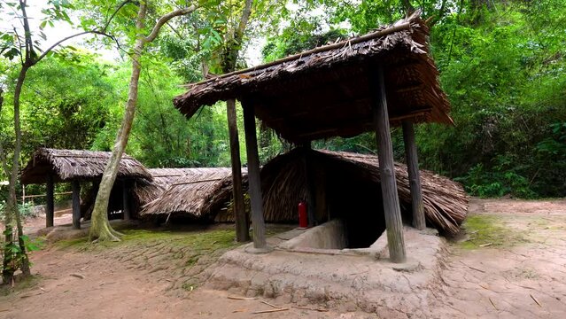 view of the guerrilla camp at Cu Chi tunnels were the location of several military campaigns during the Vietnam War, is now touristic destination.