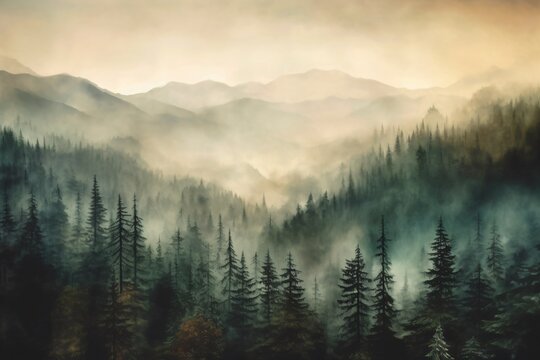 A foggy forest with mountains in the background