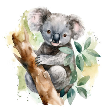 A watercolor painting of a koala bear sitting on a tree branch. Generative AI.