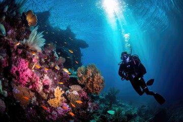Naklejka na ściany i meble Underwater Adventure: Scuba Diver Explores the Depths