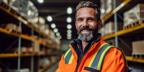 Portrait of warehouse worker wearing a hi-vis jacket stood in a distribution center. Generative ai - obrazy, fototapety, plakaty
