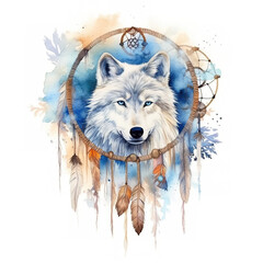 A watercolor painting of a wolf with a dream catcher. Generative AI. Mystical white wolf, moon spirit.