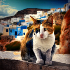 Cat in the background of a Greek town - obrazy, fototapety, plakaty