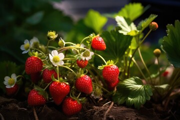 Garden Delights: Blooming Red Strawberries in Full Splendor at a Vibrant Garden