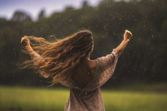 Rainy Serenade: Striking Backview of a Person Engaging in a Joyful Rain Dance