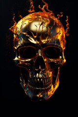 A black and gold skull on a black background. Generative AI