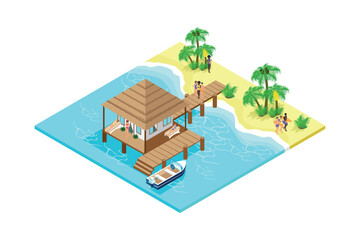 Party, Rest on the beach near the bungalows and palm trees isometric people in swimsuits with drinks near the boat. vector illustration.