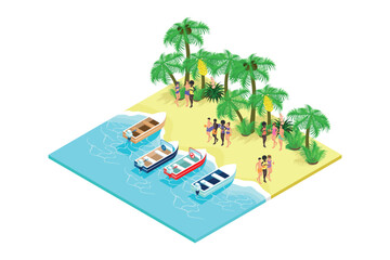 Party, Rest on the beach with palm trees isometric people in swimsuits with drinks near the boats. vector illustration.