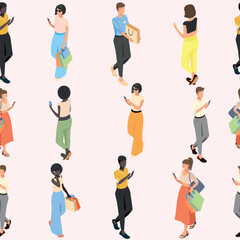 seamless background isometric people with purchases in different clothes and with different purchases in their hands. vector illustration