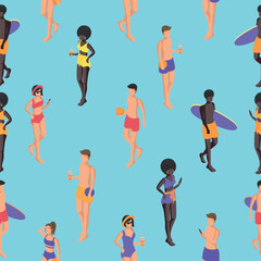 seamless pattern isometric people in beachwear with different items in their hands walk.Vector illustration on a blue background.