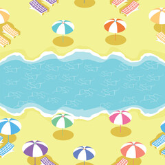 Naklejka premium seamless beach pattern with isometric sun loungers and beach umbrellas by the sea. vector illustration.