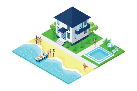 Party, Rest On The Beach Near The Beach House With A Swimming Pool Isometric People In Swimsuits With Drinks Near The Boat. Vector Illustration.