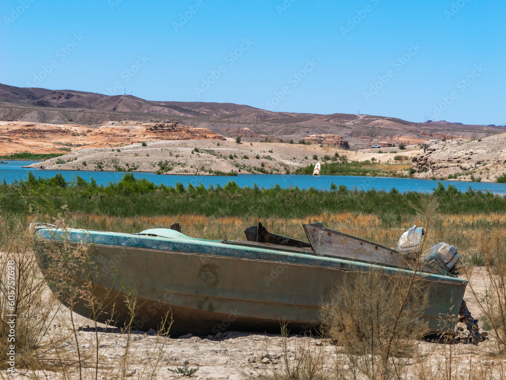 Wall mural Sunken boat in Lake Mead area. shot in May 2023