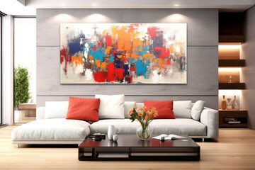  Architectural photography of modern living room in shades of gray with abstract art painting, captures the essence of vibrancy and energy. Generative Ai content