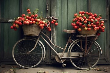 Fototapeta na wymiar Whimsical Vintage Bike Decorated with Colorful Flowers and Apples - Nostalgic Outdoor Setting