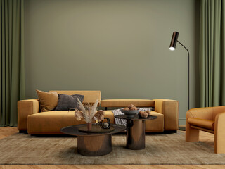 Yellow sofa and green wall in living room with table and lamp.3d rendering