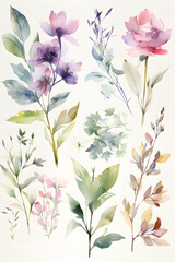 Fototapeta na wymiar Nature's Art Digitized A gorgeous collection of watercolor leaves and flowers, digitally captured by a Generative AI, perfect for bringing a touch of nature to your designs.