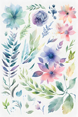 Digital Watercolor Flora  An assortment of leaves and flowers by Generative AI, encapsulating the delicate beauty of nature in every stroke.