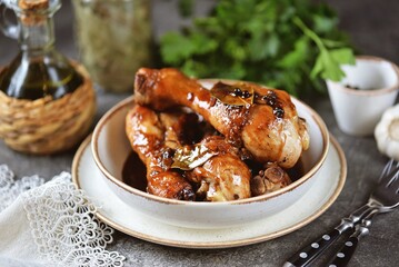 Chicken drumsticks fried in soy sauce with rice vinegar and spices. Thai food.