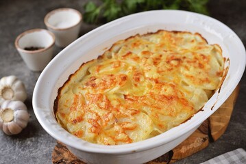 Potato gratin with cream, nutmeg cheese and garlic