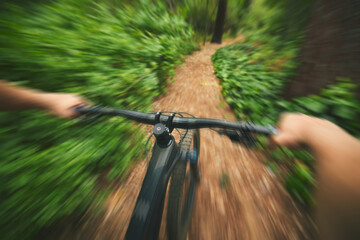 POV, mountain bike and sports person in forest, park and path for adventure, speed and motion blur....