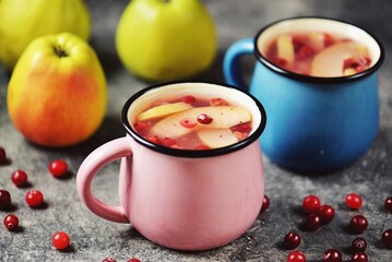 Compote with apples and cranberries. Healthy homemade drink. 