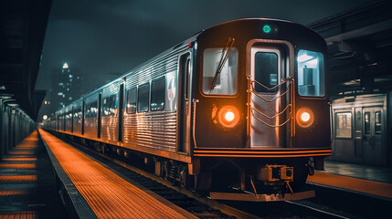 Obraz premium A train on a train track at night. Generative AI.