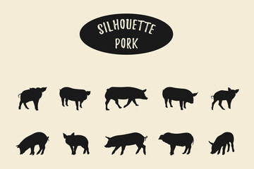 Pig Silhouette, Pig animal silhouettes, Pig black silhouette isolated on white background