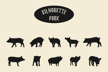 Pig Silhouette, Pig animal silhouettes, Pig black silhouette isolated on white background