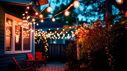 Enchanting Backyard Oasis: String Lights Illuminate a Cozy Outdoor Space in Red, White, and Red Hues. Generative AI.